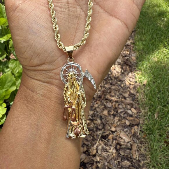 14K GP Grim Reaper Pendant Iced Bling Santa Muerte Rope Torch Chain Jewelry - Picture 2 of 5